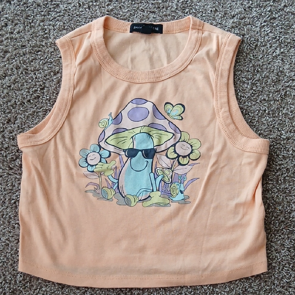 🧚‍♀️Peach Graphic Mushroom Floral Sleeveless Crop Tank Top